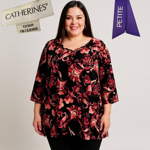 CATHERINES PETITE 1XWP VELVET FLORAL TUNIC TOP BLACK RED STRETCH 3/4 SLEEVE - Picture 1 of 10